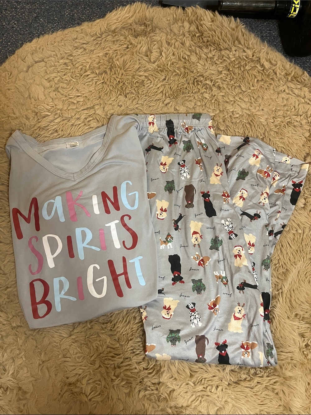 Women’s Light Gray 'Making Spirits Bright' Pajama Set with Dog-Print Pants